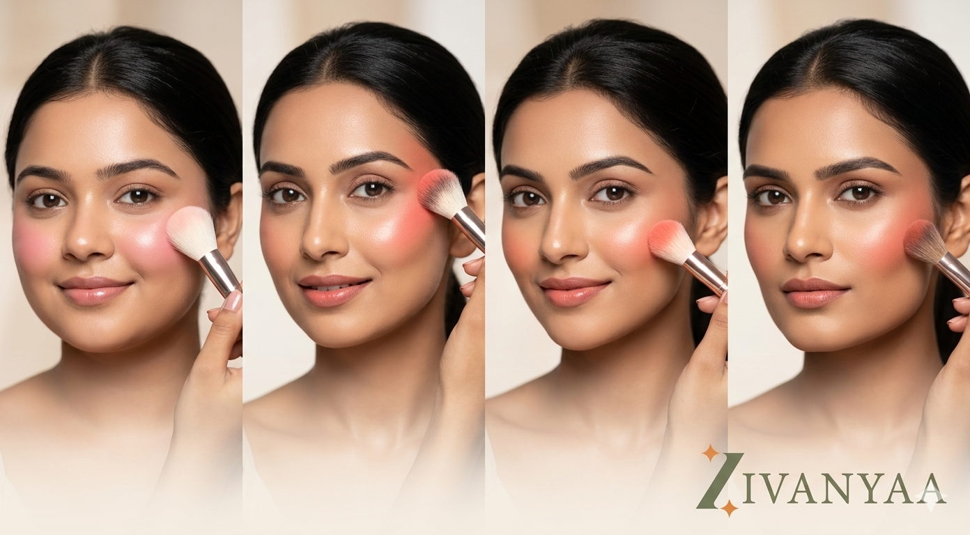 Beauty tutorial photograph of four Indian women with different face shapes, demonstrating distinct blush placement techniques, including lifting and draping, against a soft pastel background and Zivanyaa cosmetics.