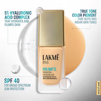 Lakmē 9to5 Hya Matte Foundation + Hyaluronic Acid, 25ml
