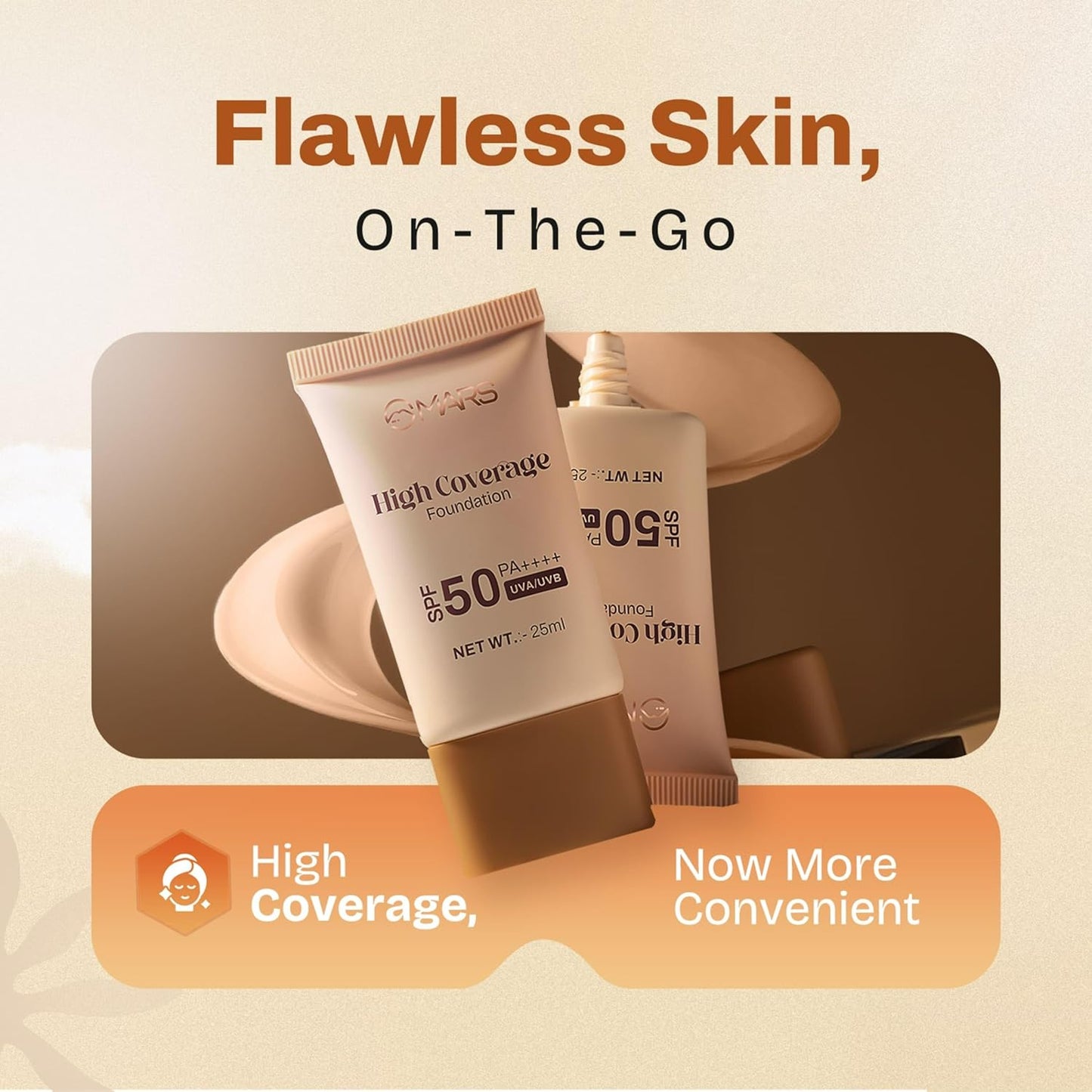 MARS High Coverage Foundation in a Tube | SPF 50PA++++ UVA/UVB, 25ml