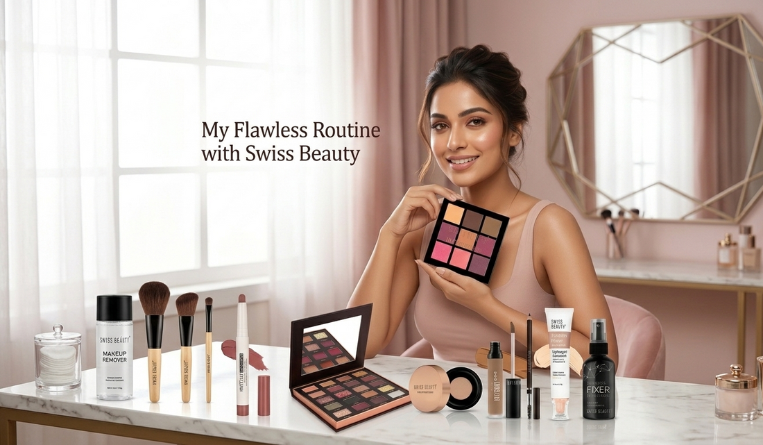 Top 15 Swiss Beauty products including highlighting primer and holographic eyeliner displayed on a vanity with a professional makeup model.