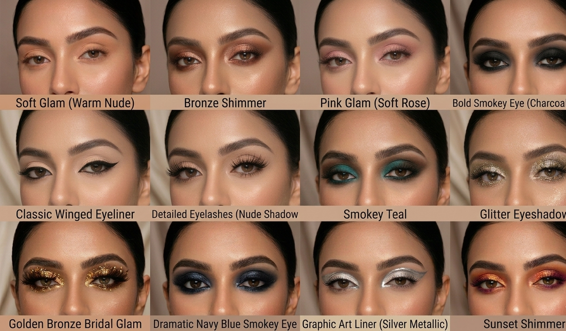 Eyeshadow & eyeliner looks: Soft Glam, Bronze Shimmer, Pink Glam, Bold Smokey, Classic Winged, Glitter, Golden Bronze, Navy Blue, Silver Metallic, Sunset Shimmer