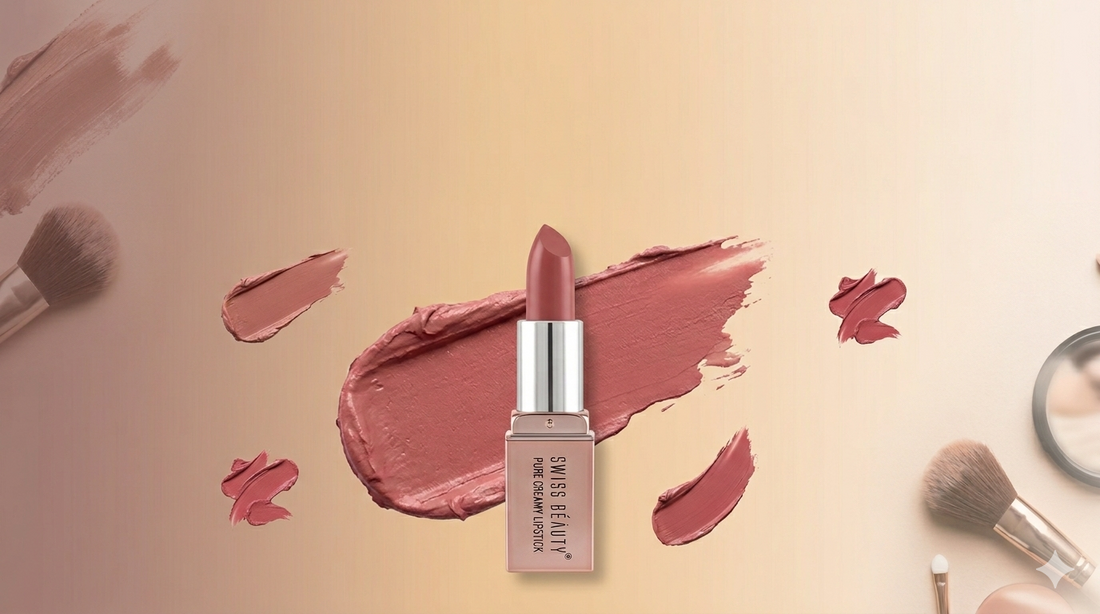 Swiss Beauty Pure Creamy Lipstick in Mauve Shade, 3.5g with swatches and makeup brushes
