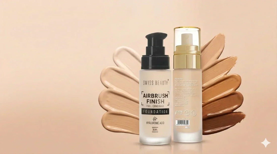 SWISS BEAUTY Airbrush Finish Full Coverage Foundation with Hyaluronic Acid 30ml, shade swatches displayed