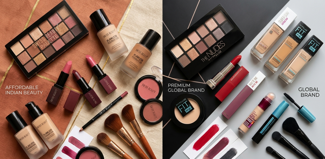 Swiss Beauty Flawless Foundation, The Nudes Eyeshadow Palette, Maybelline Fit Me Concealer & Lipsticks with Brushes