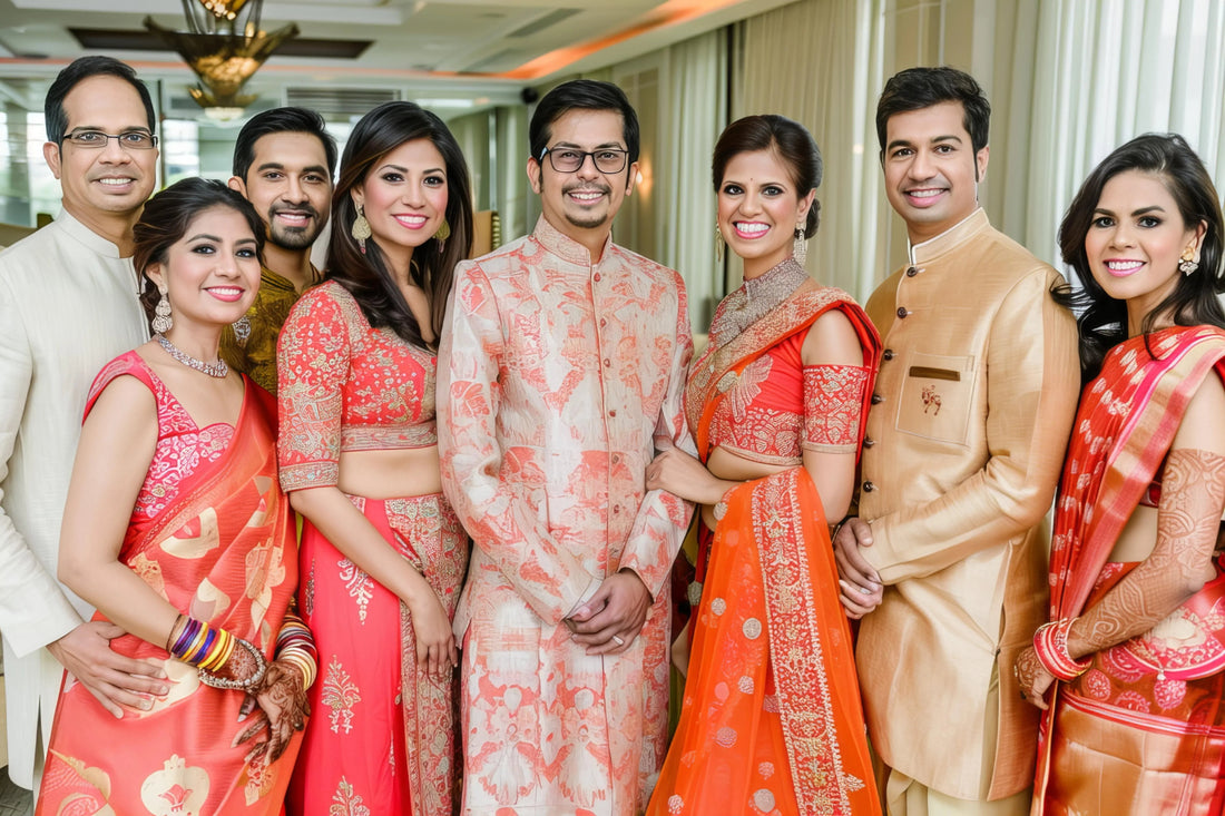Bridal party in traditional Indian wedding attire, women in red and orange lehengas, men in sherwanis, festive celebration