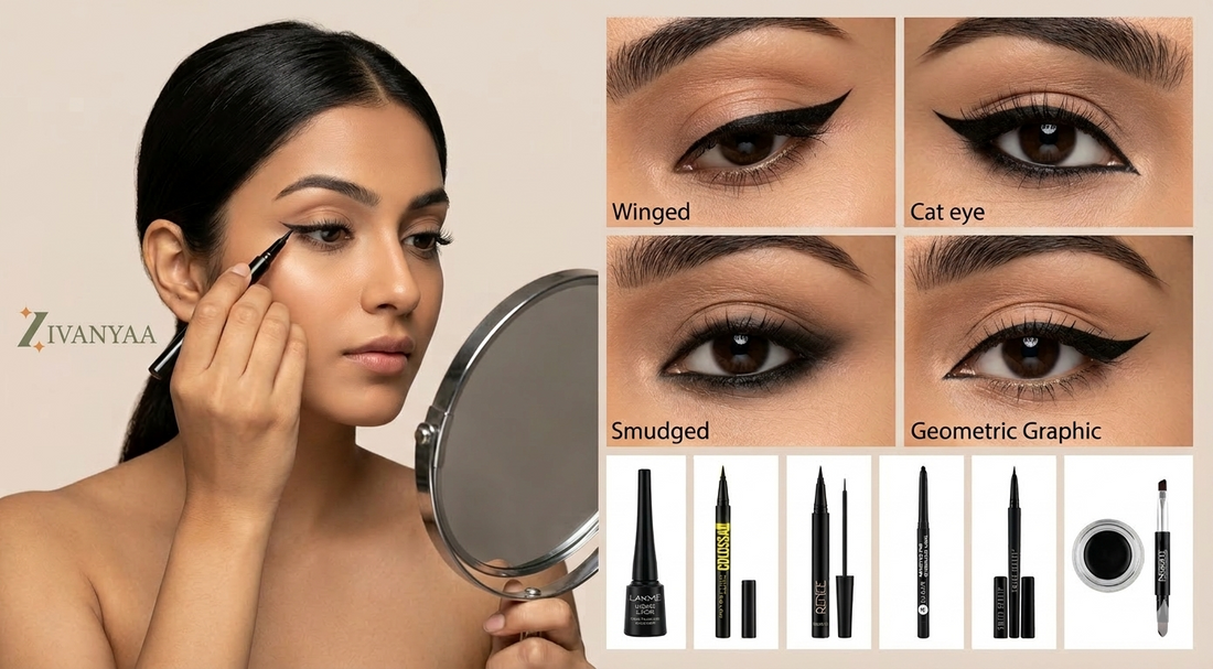 Different eyeliner styles for eye shapes including winged eyeliner, smudged liner and graphic liner on Indian eyes