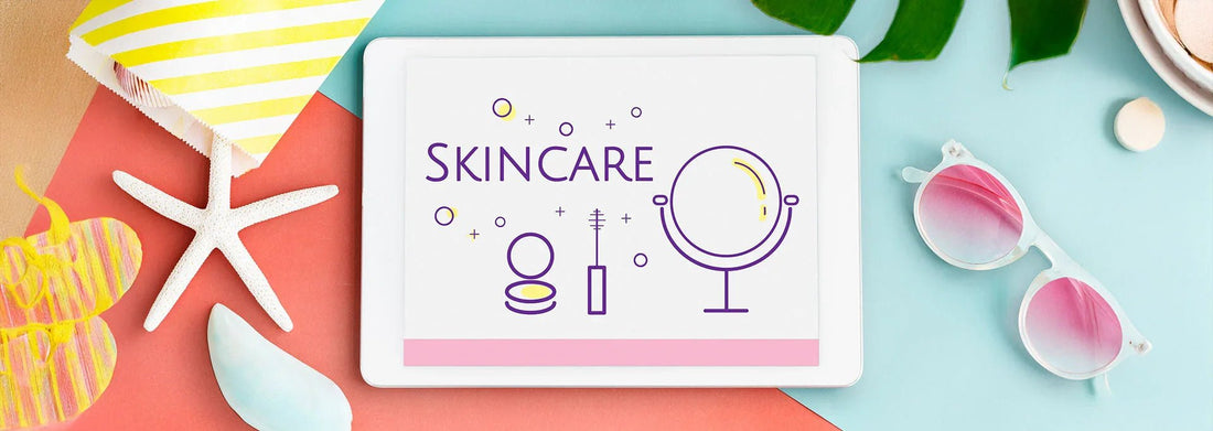 Skincare routine illustration on tablet with beach accessories and sunglasses