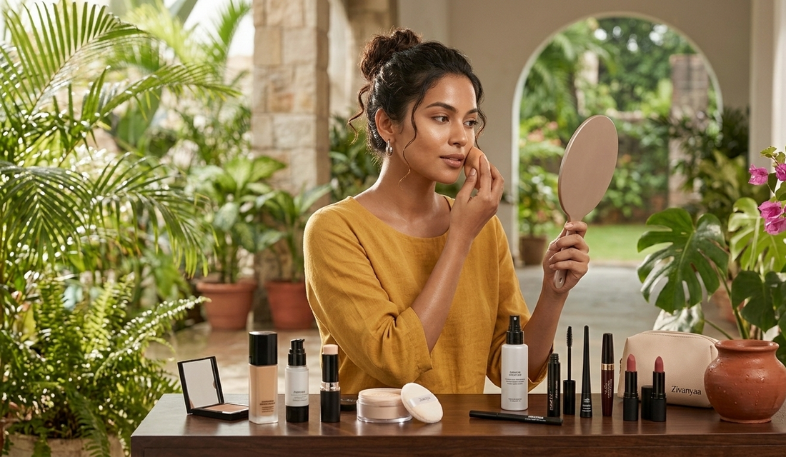 Woman applying makeup with Zivanyaa beauty products on table, holding mirror, surrounded by greenery