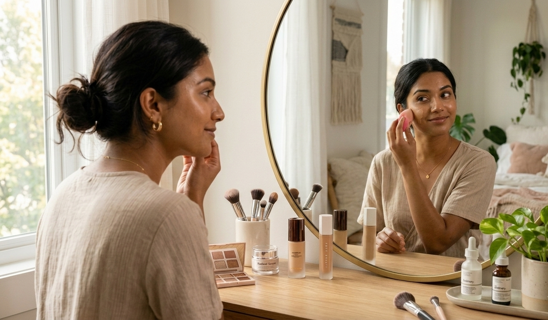 Woman applying makeup with pink sponge, mirror reflection, foundation bottles and brushes on vanity