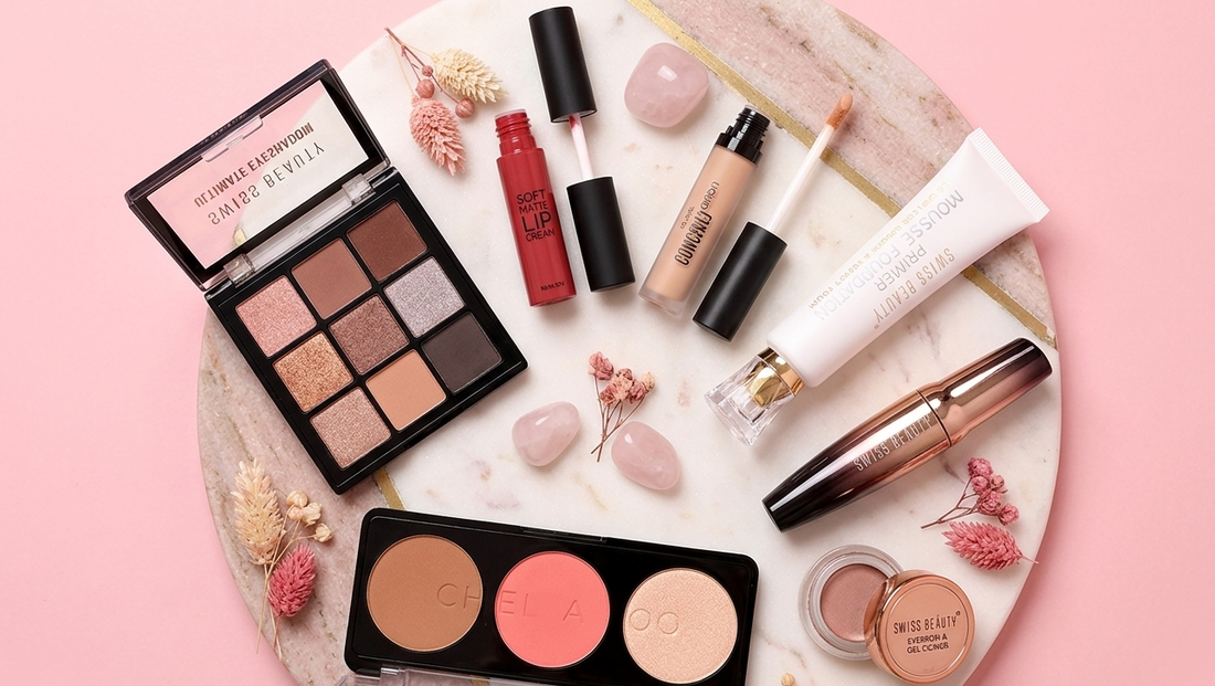 Swiss Beauty eyeshadow palette, soft matte lip cream, liquid concealer, mousse foundation, gel liner, blush trio on marble tray