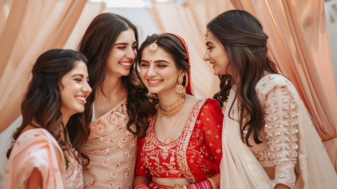 Bride in red lehenga with gold embroidery smiling with bridesmaids in peach and cream outfits under draped canopy
