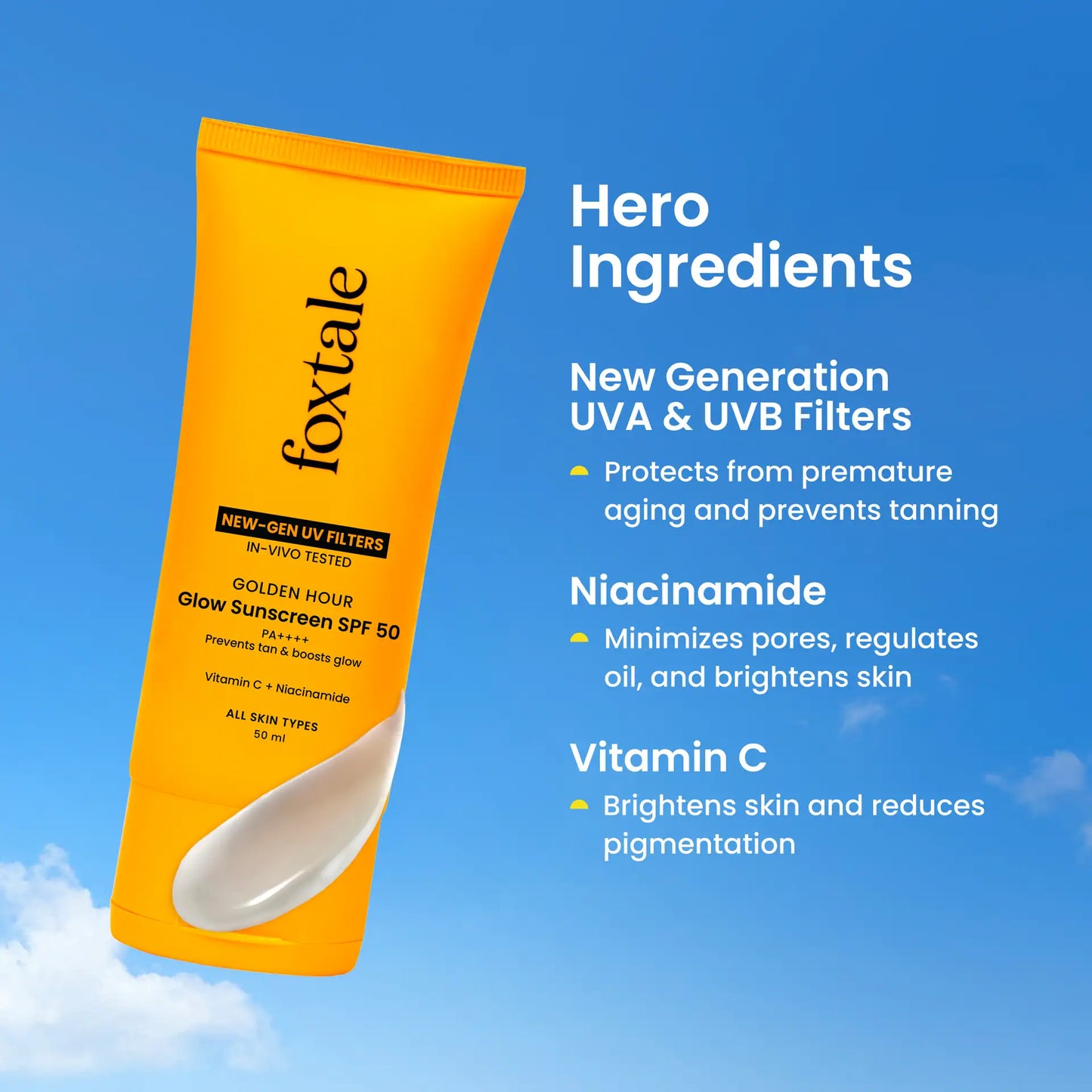 Foxtale Glow sunscreen SPF 50, In-Vivo Tested with PA++++