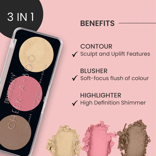 Swiss Beauty Cheek-A-Boo 3-in-1 Face Palette with Blusher , Contour and Highlighter, 8g